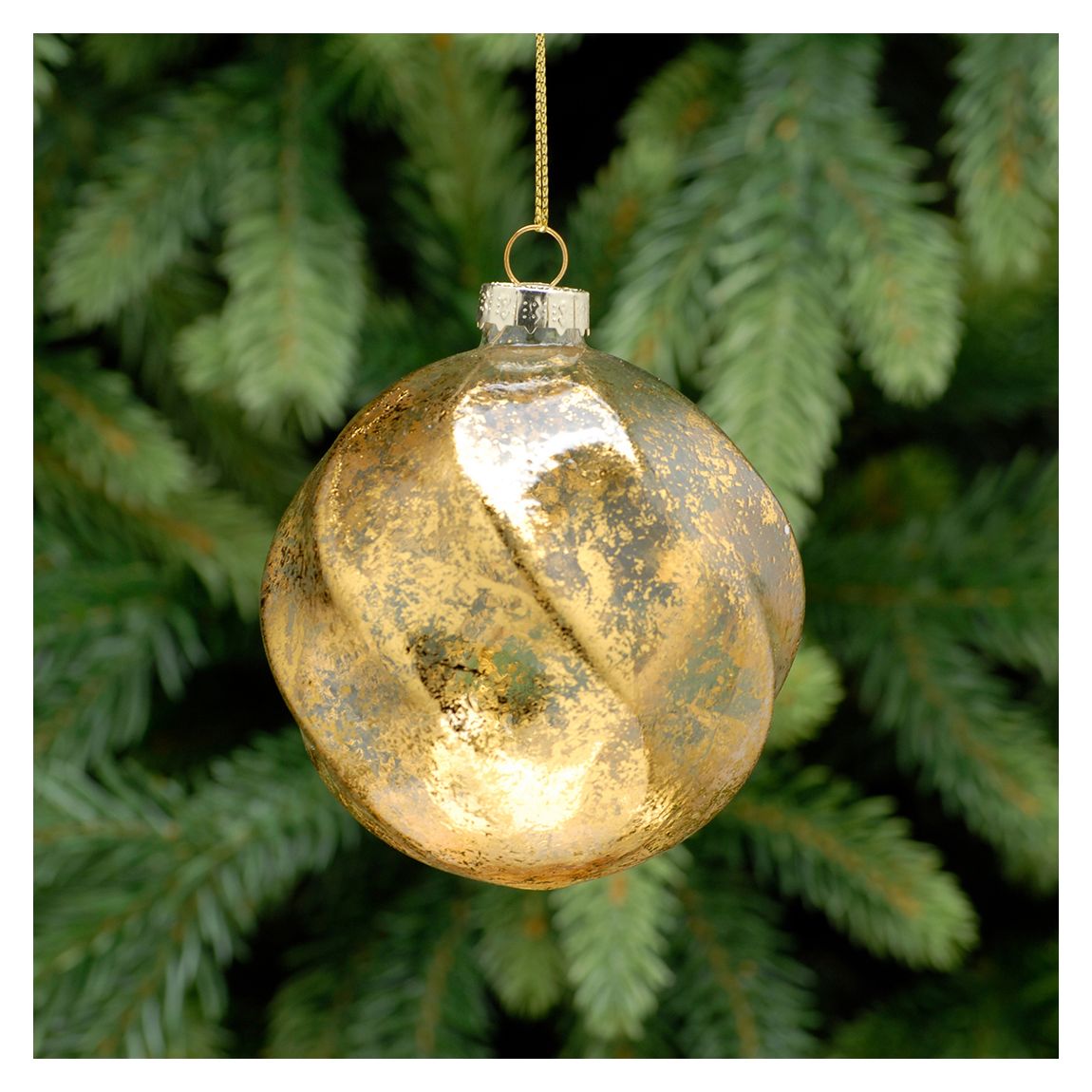 Set of 6 Glass Frosted Ridge Gold Swirl Tree Decorations main product photo