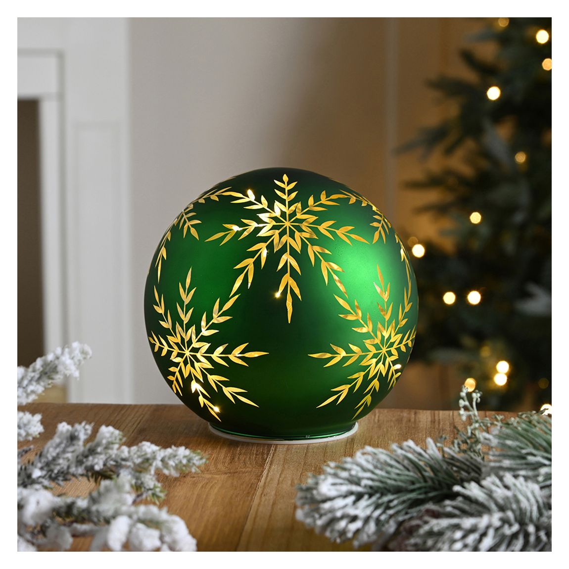 Green Snowflake 15cm Glass Ball - Battery Operated main product photo