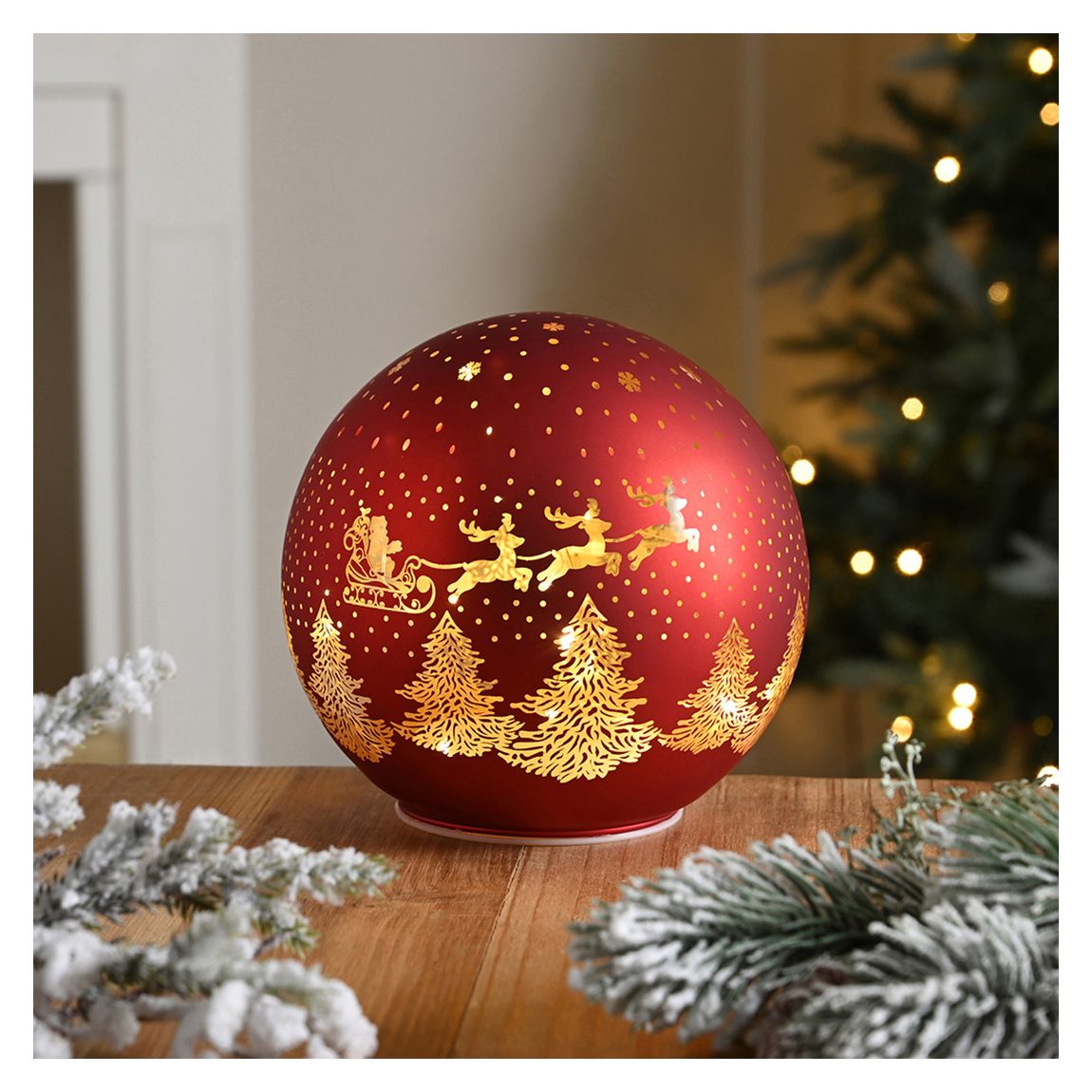 Red Santa Sleigh 15cm Glass Ball - Battery Operated main product photo