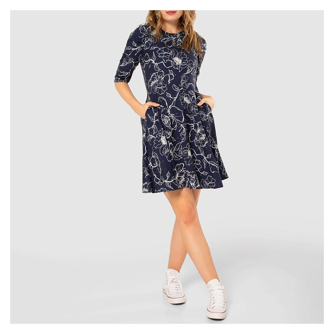 Navy Floral Print Gathered Sleeve Dress main product photo