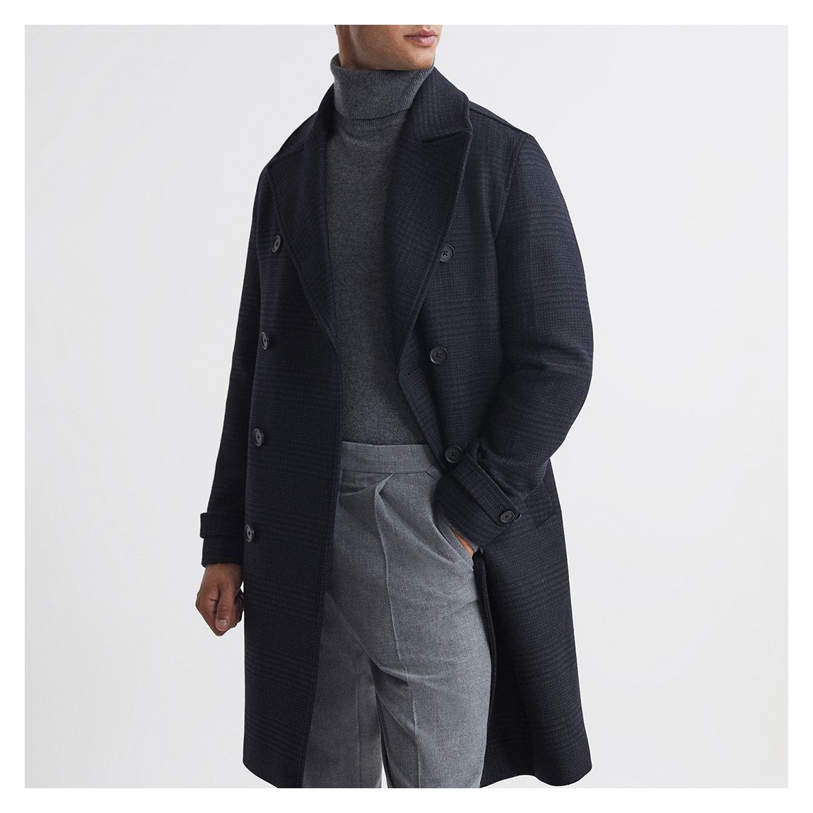 Navy Attention Check Wool Blend Coat main product photo
