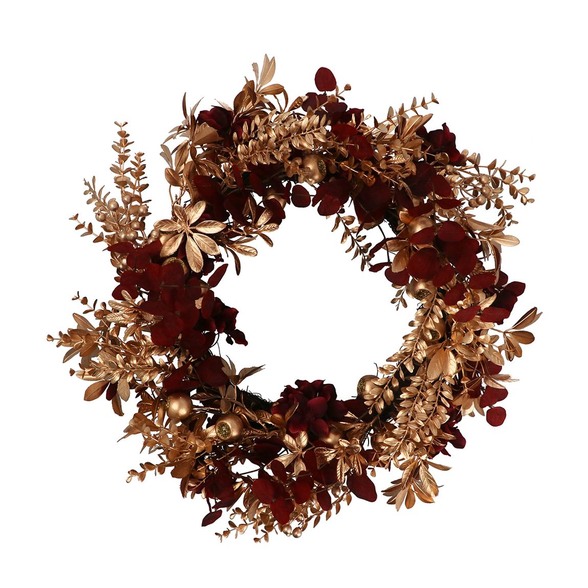 Matt Gold Leaf/Berry Wreath With Burgundy Flowers main product photo