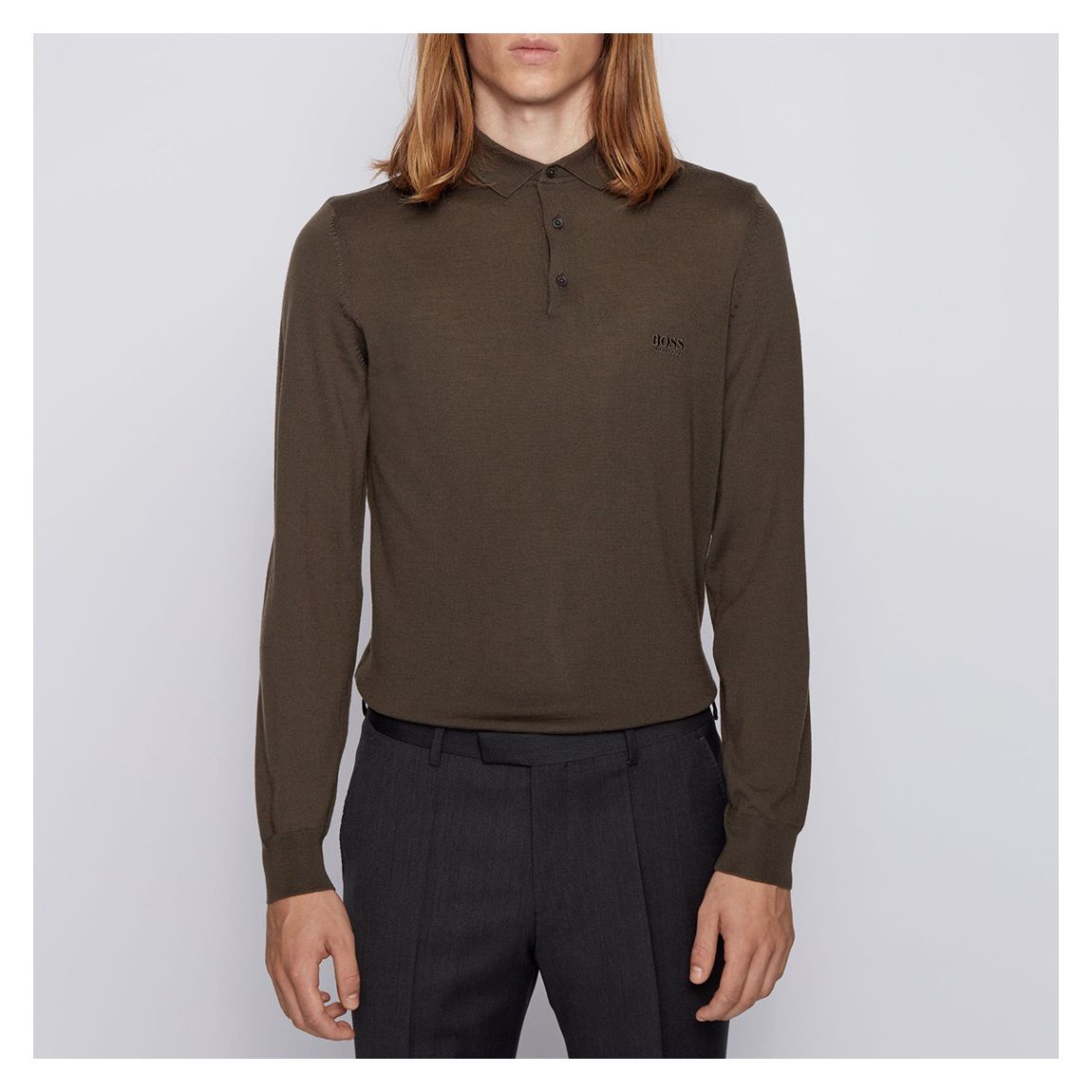 Khaki Bono Long Sleeve Wool Polo Shirt main product photo