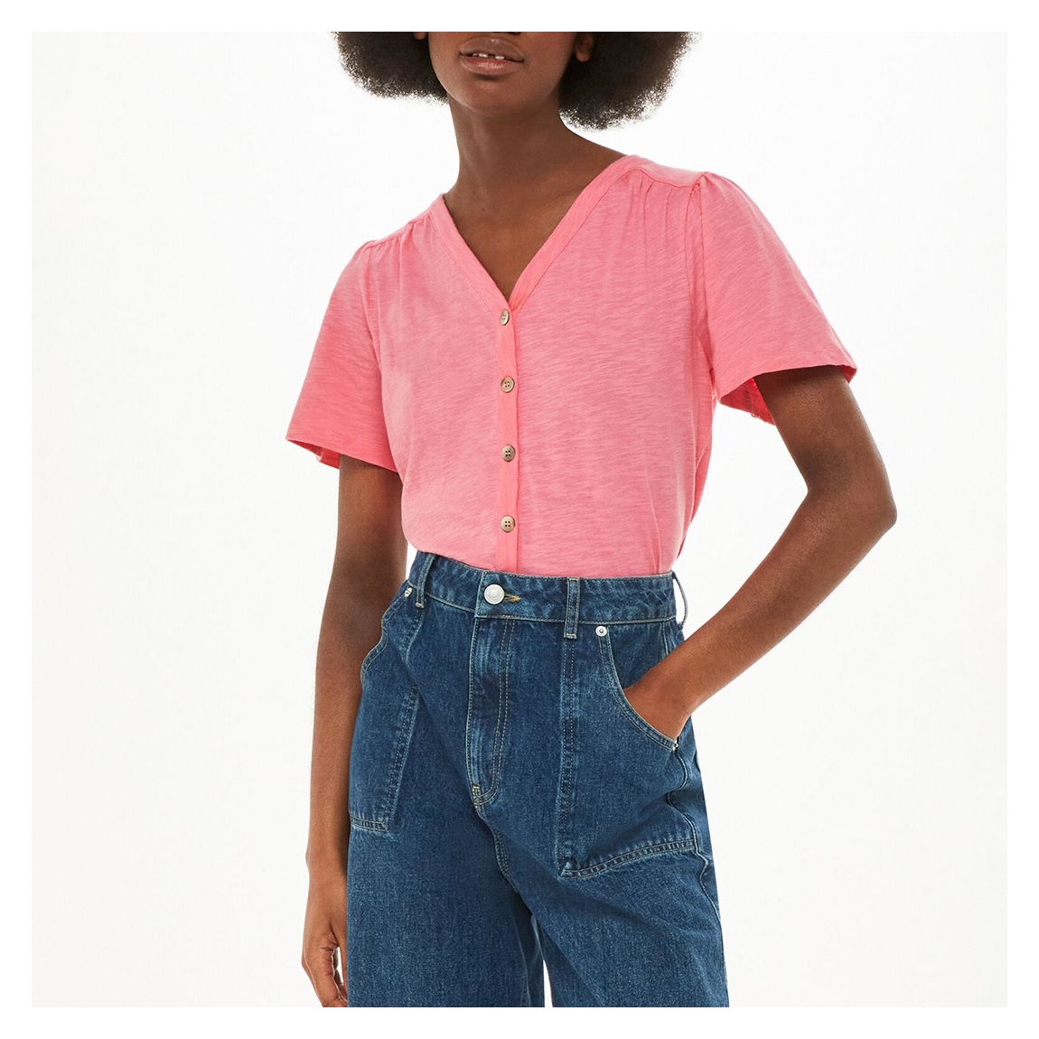 Pink Maeve V-Neck Button Front Cotton T-Shirt main product photo