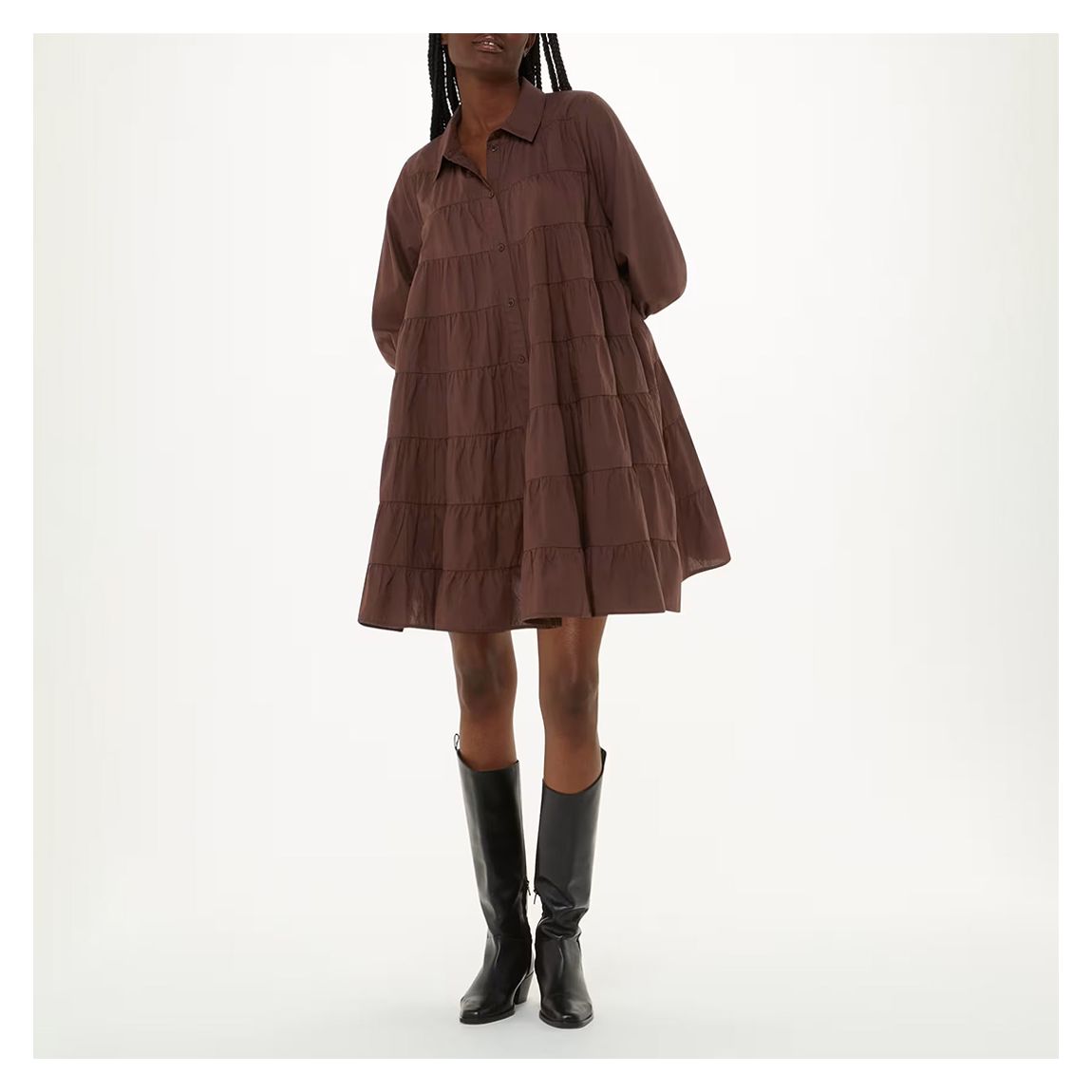 Brown Edie Tiered Trapeze Cotton Dress main product photo