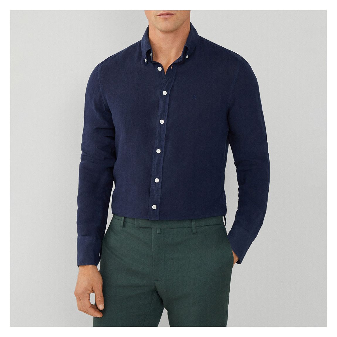 Navy Long Sleeve Slim Fit Linen Shirt main product photo