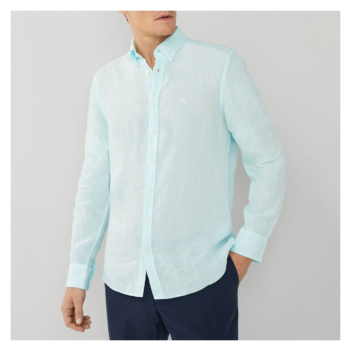 Turquoise Long Sleeve Slim Fit Linen Shirt main product photo