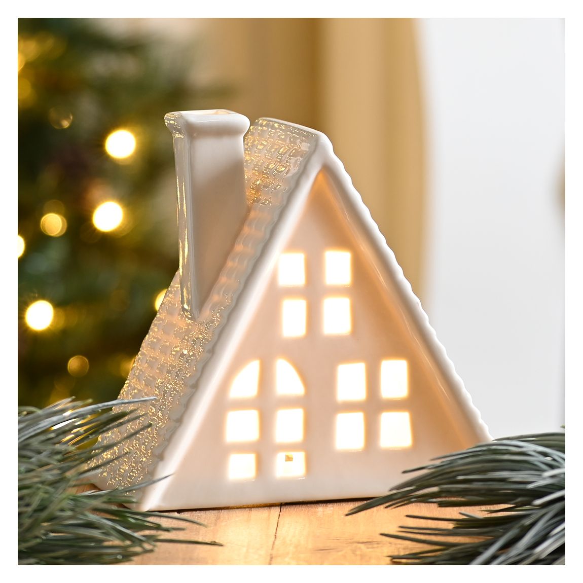 Set of 2 Battery Operated Lit White Ceramic Houses (10cm + 13cm) main product photo