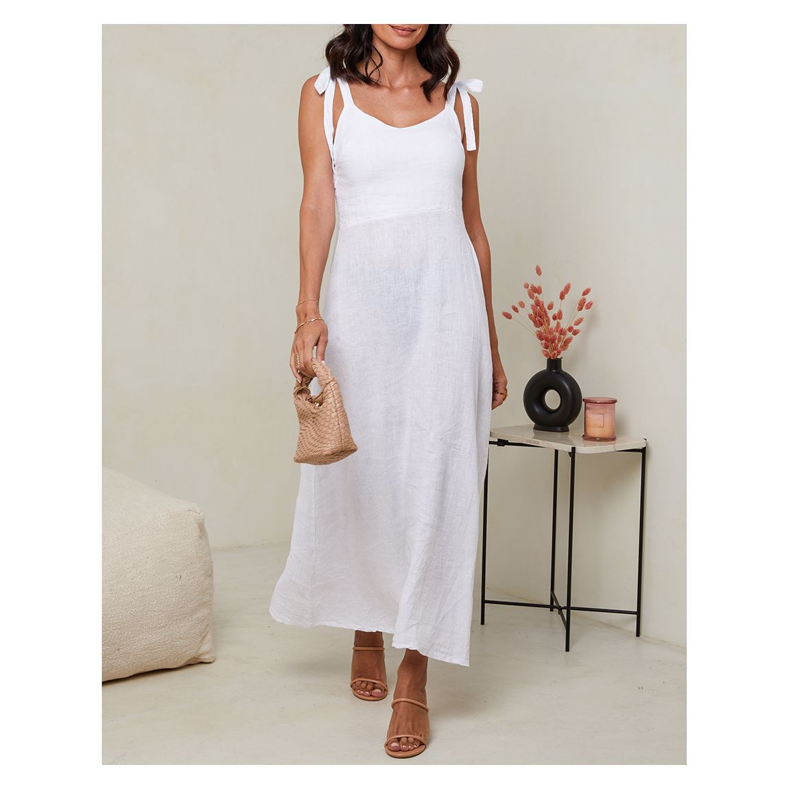 White Tie Strap Linen Dress main product photo
