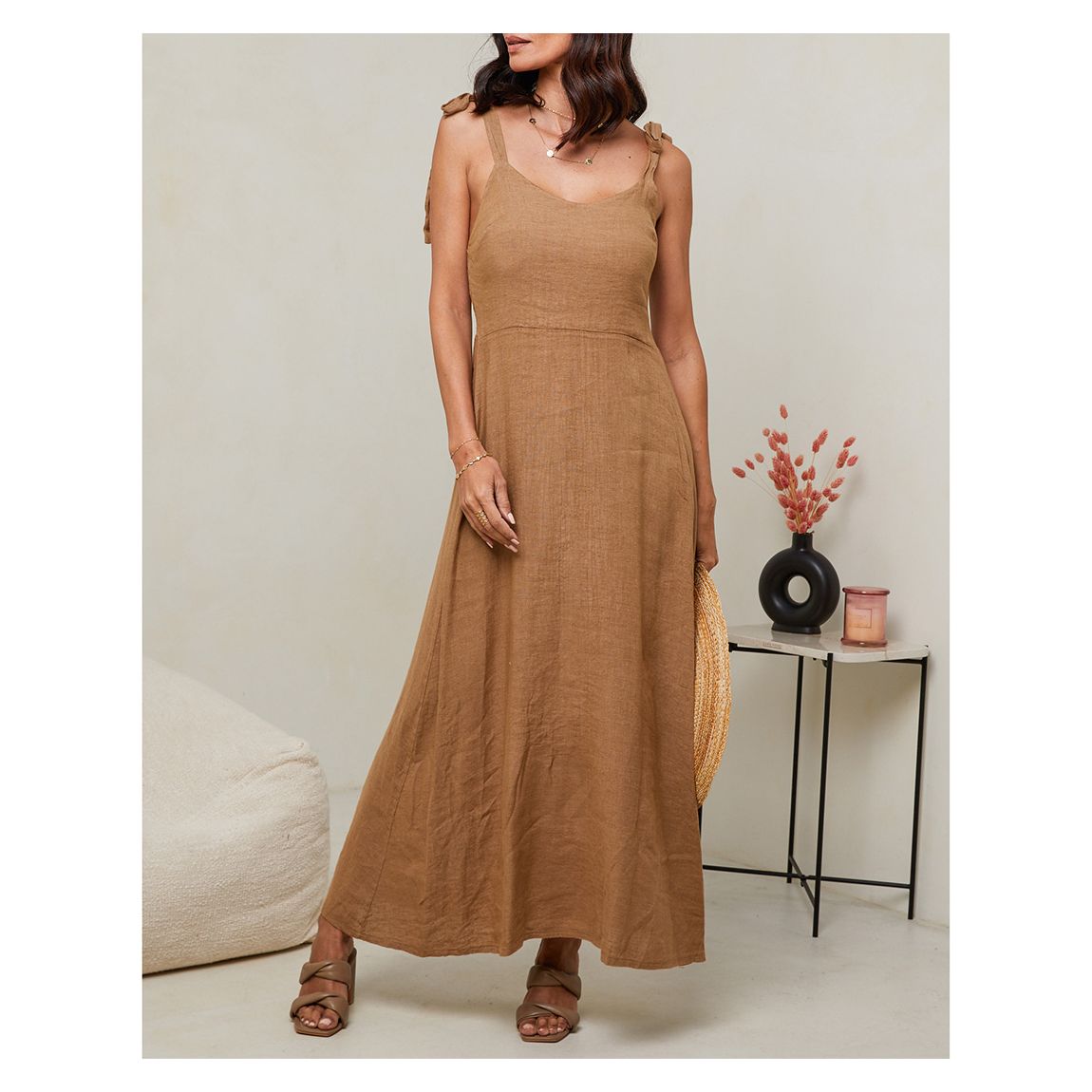 Camel Tie Strap Linen Dress main product photo