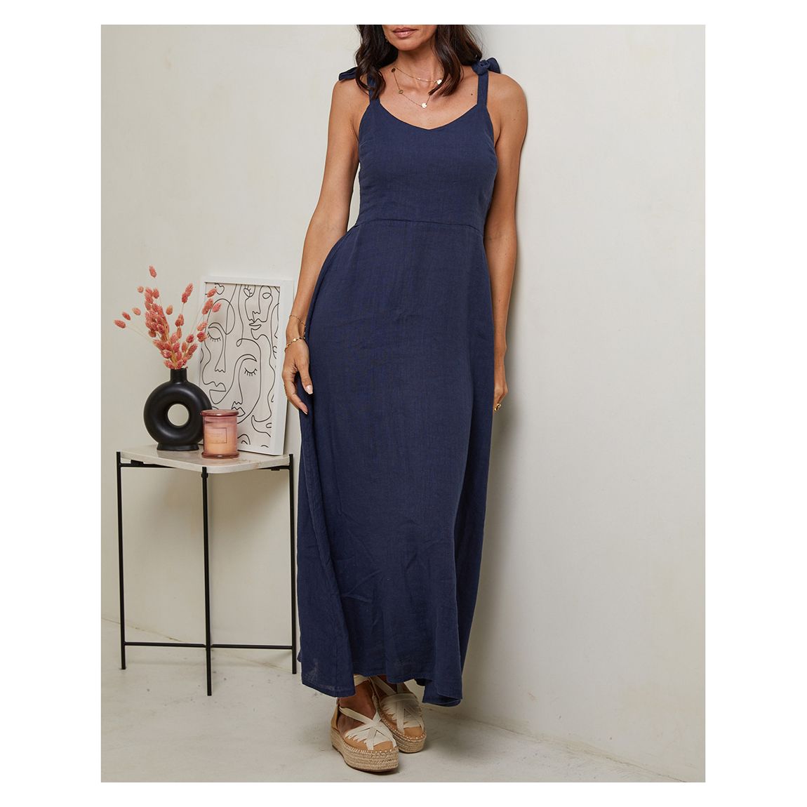 Navy Tie Strap Linen Dress main product photo