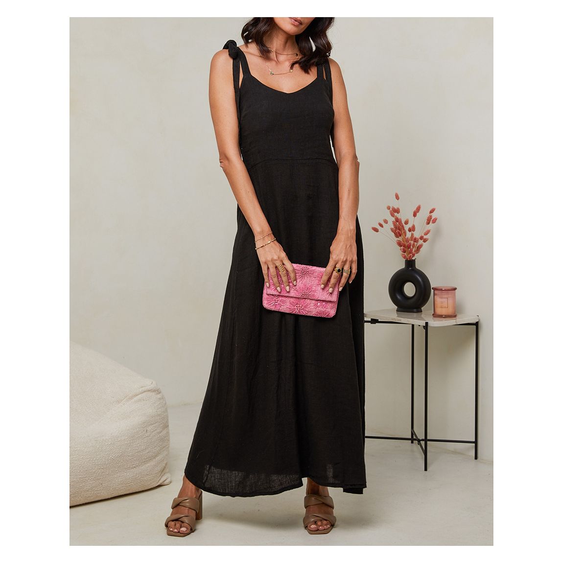 Black Tie Strap Linen Dress main product photo