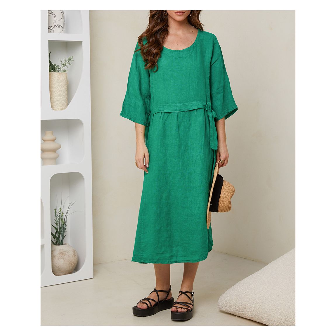 Green Tie Waist Linen Dress main product photo