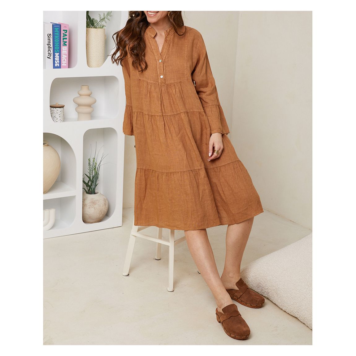 Camel Tiered Linen Dress main product photo