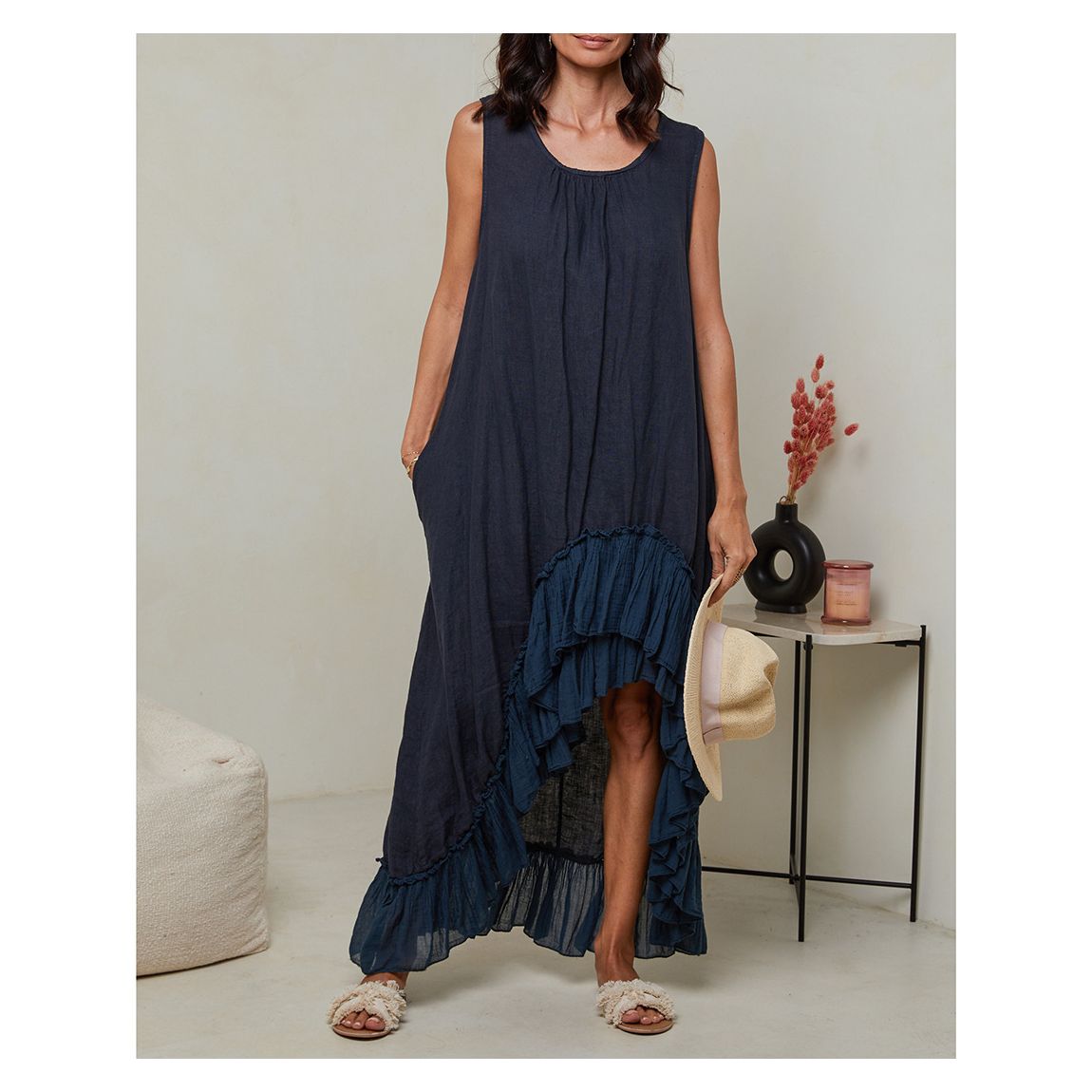 Navy Frill Linen Dress main product photo