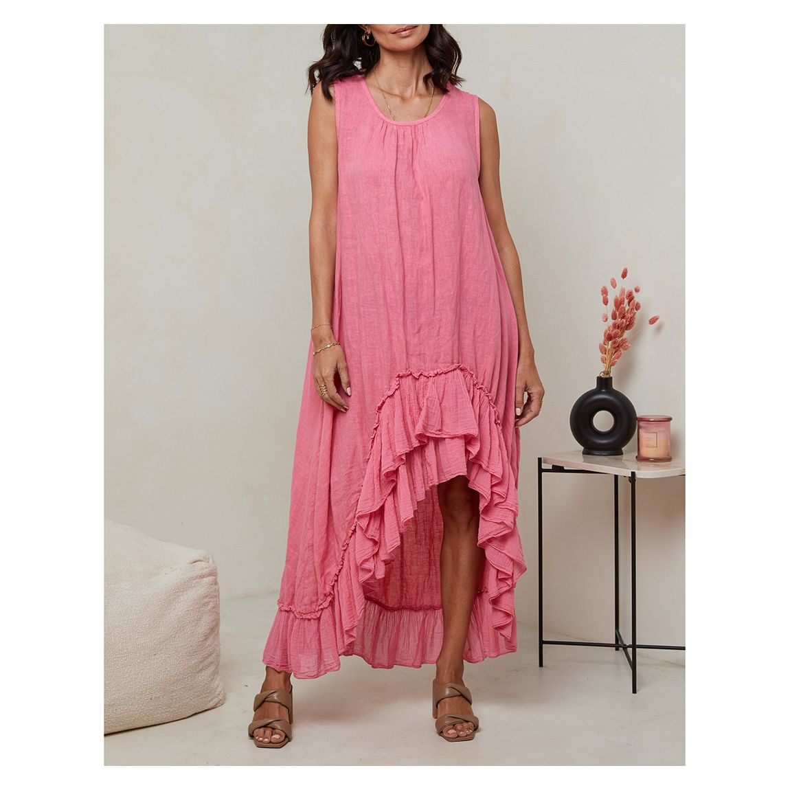 Pink Frill Linen Dress main product photo
