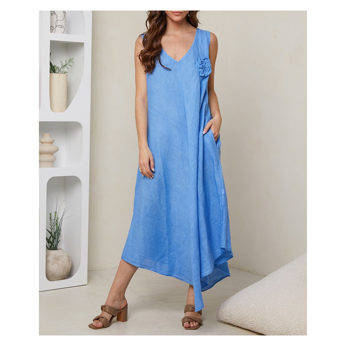 Pale Blue V-Neck Linen Dress main product photo