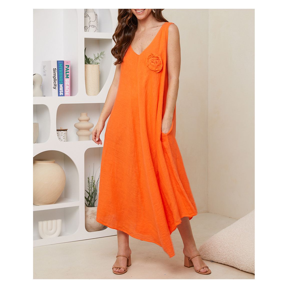 Orange V-Neck Linen Dress main product photo