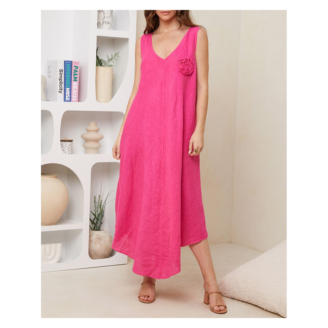 Pink V-Neck Linen Dress main product photo
