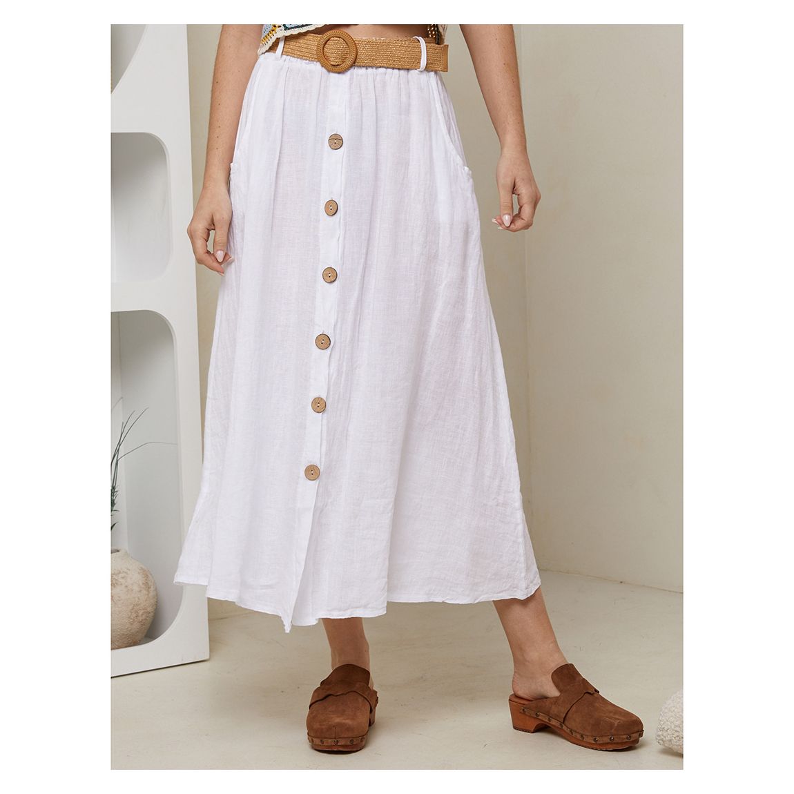 White Button Linen Midi Skirt main product photo