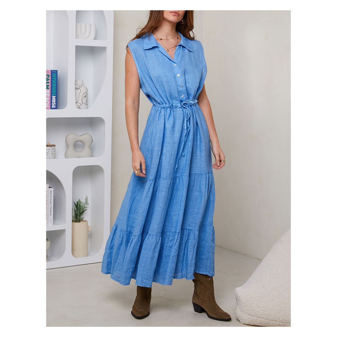 Pale Blue Sleeveless Shirt Linen Dress main product photo