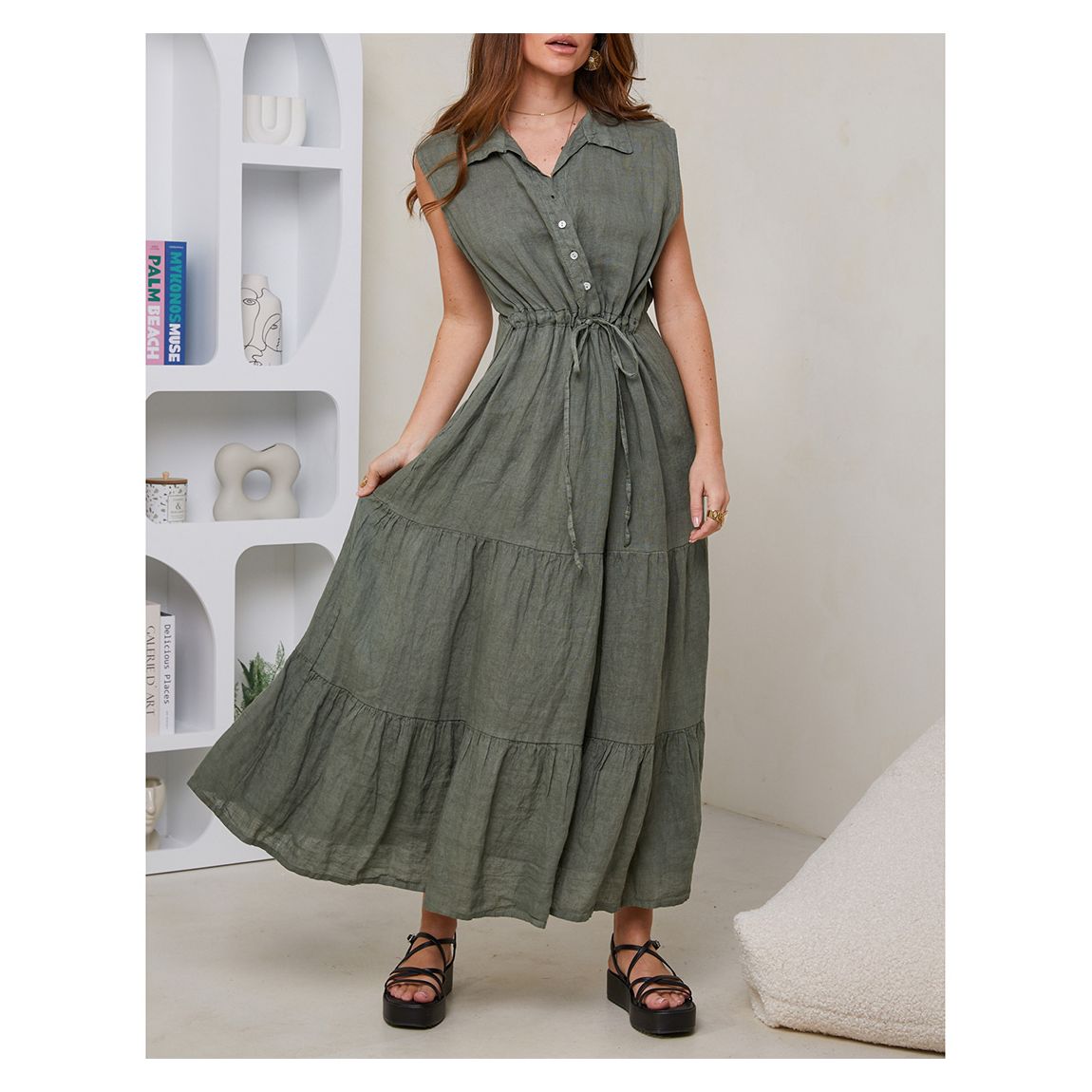Khaki Sleeveless Shirt Linen Dress main product photo