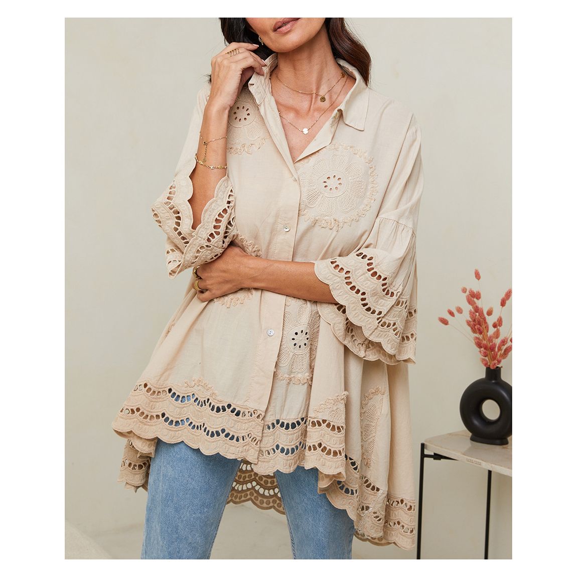 Beige Broidery Cotton Shirt main product photo