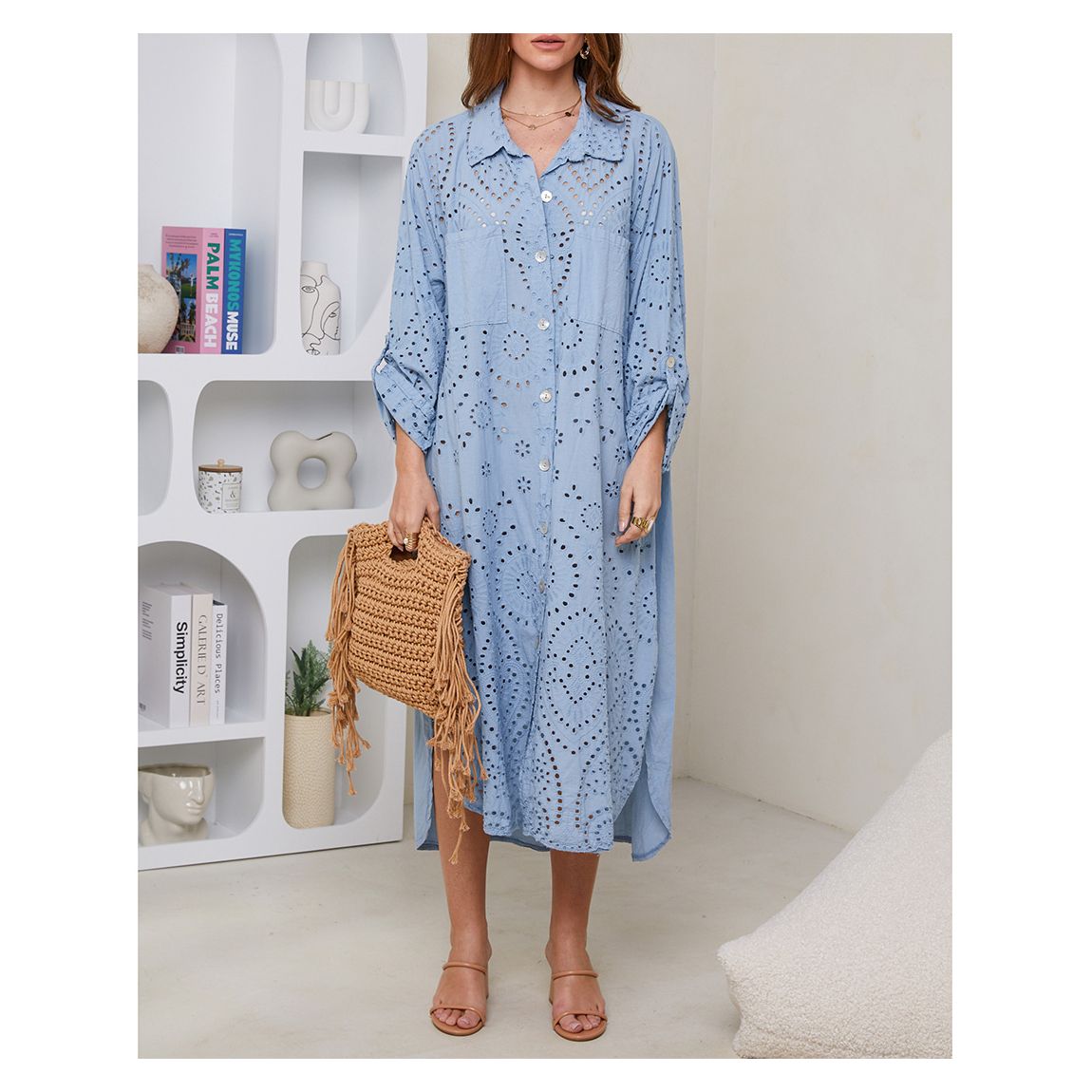 Pale Blue Broidery Linen Dress main product photo