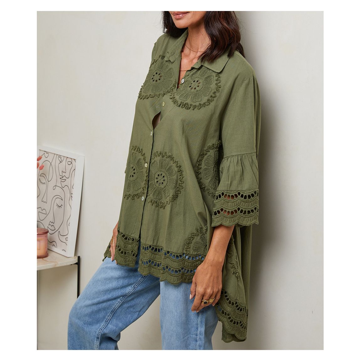 Khaki Broidery Cotton Shirt main product photo