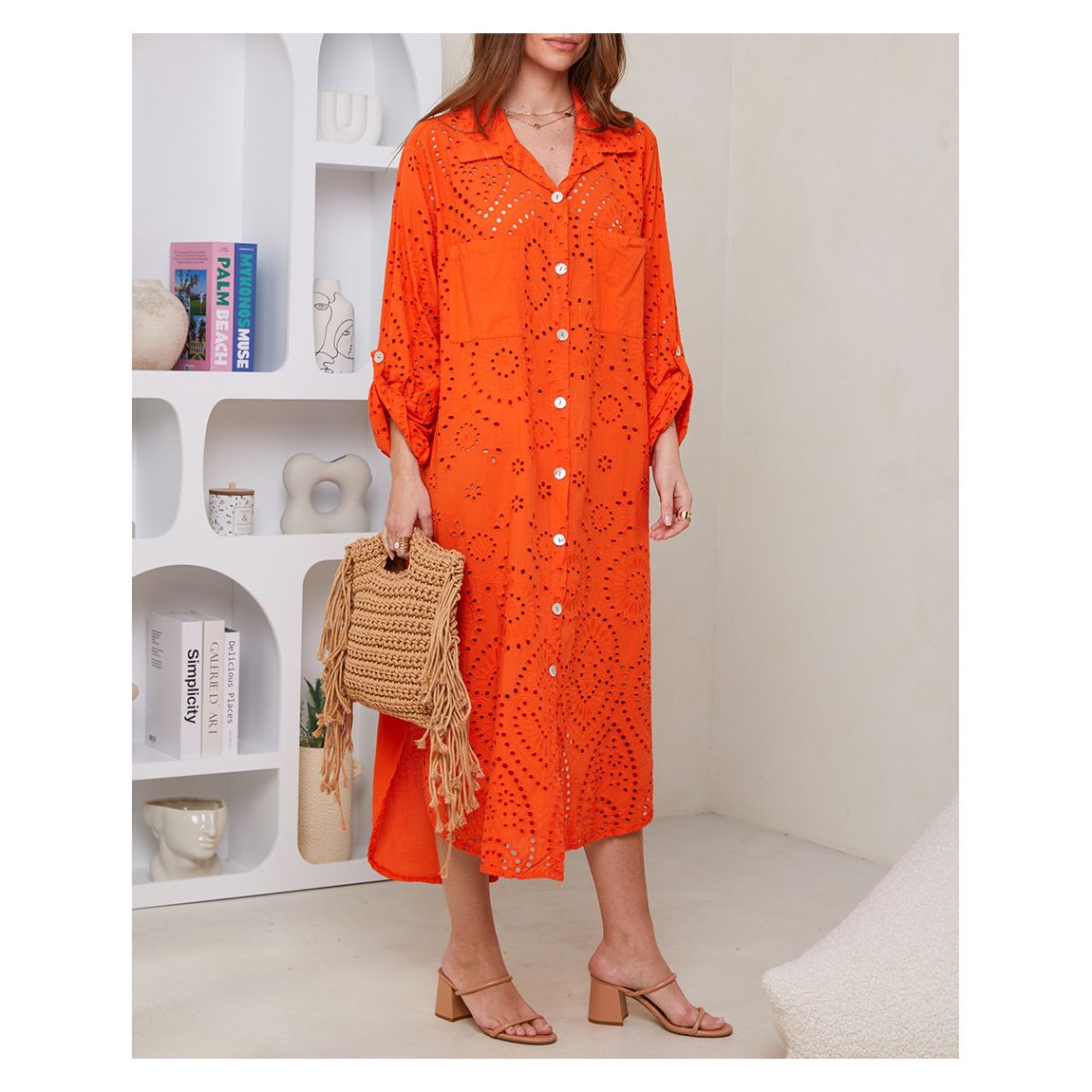 Orange Broidery Linen Dress main product photo
