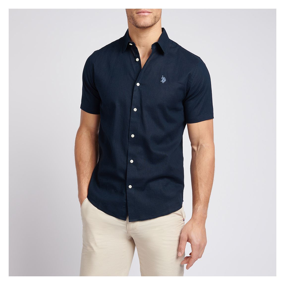 Navy Short Sleeve Linen Blend Shirt main product photo