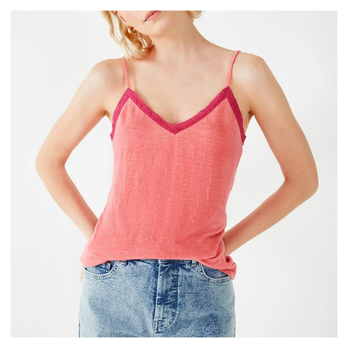 Pink Lace Trim Jersey Linen Cami Top main product photo
