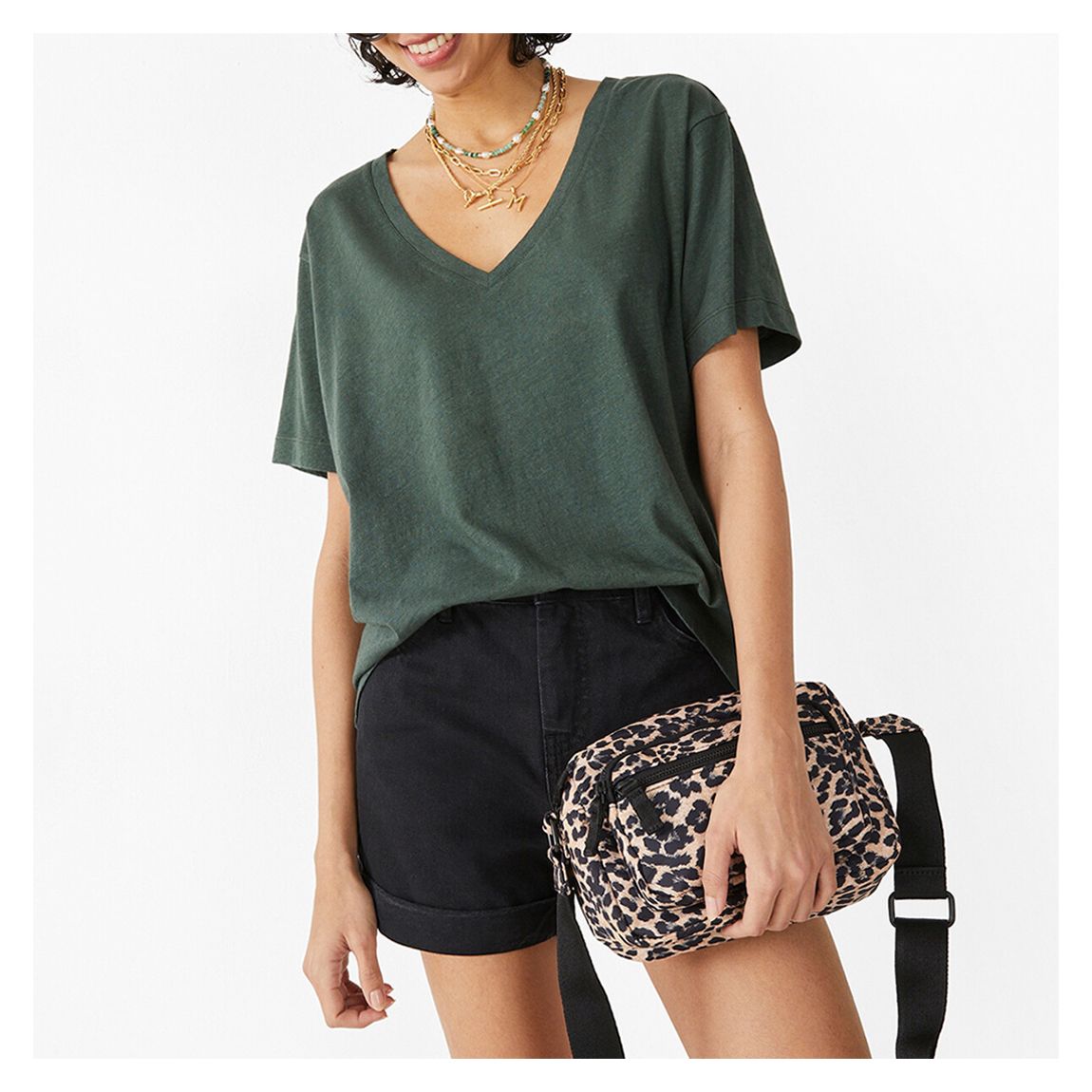 Khaki V-Neck Linen Blend T-Shirt main product photo