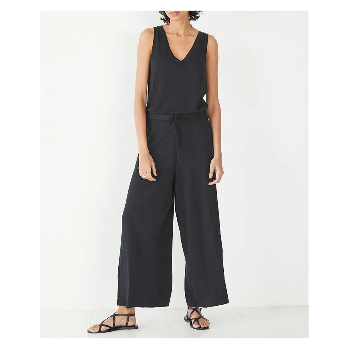 Black Linen Blend Sleeveless Jersey Jumpsuit main product photo