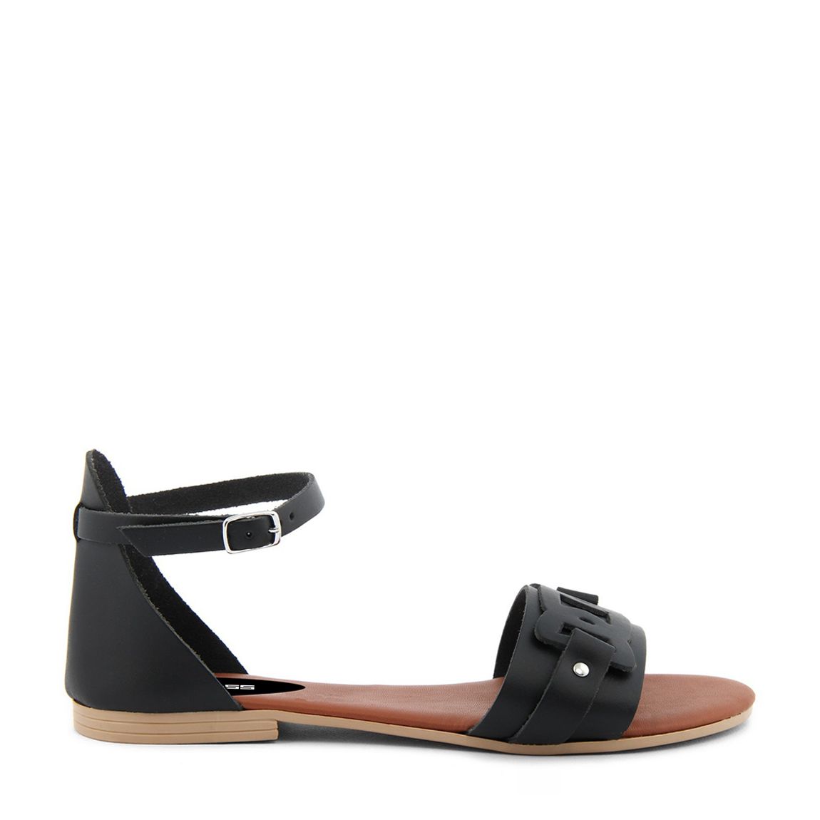 Black Detailed Leather Band Flat Sandals main product photo