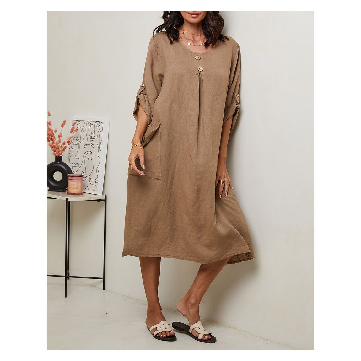 Camel Linen Midi Dress main product photo