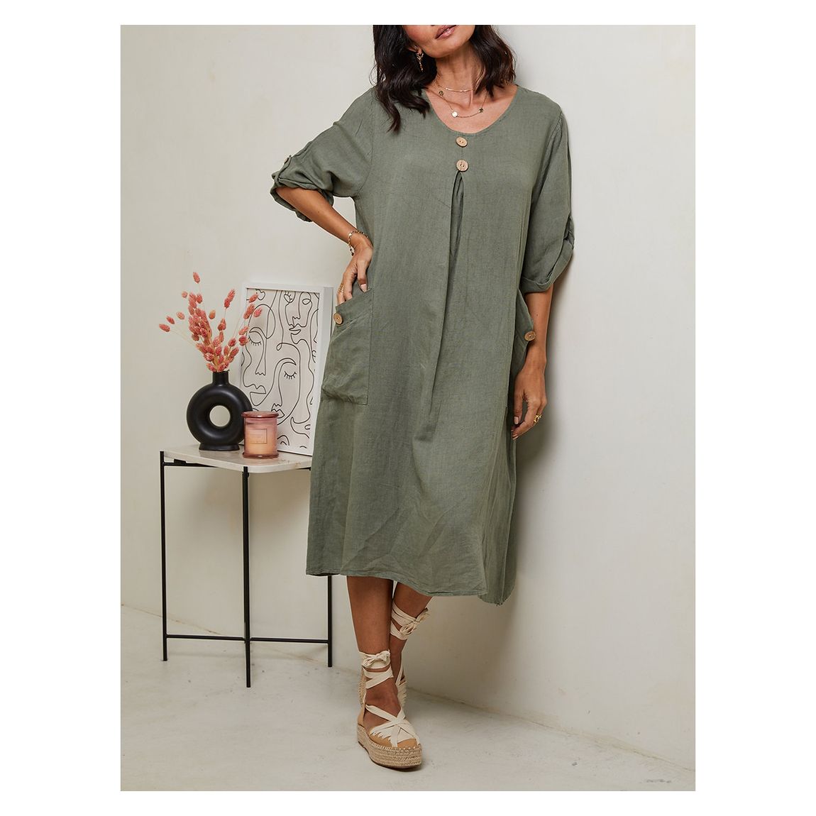 Khaki Linen Midi Dress main product photo