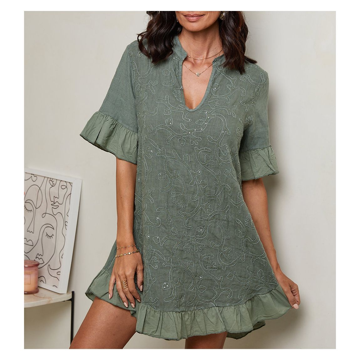 Khaki V-Neck Linen Mini Dress main product photo
