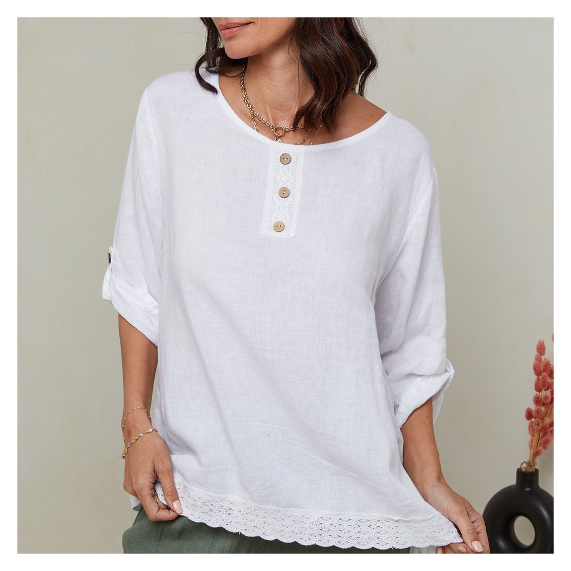 White Button Front Linen Blouse main product photo