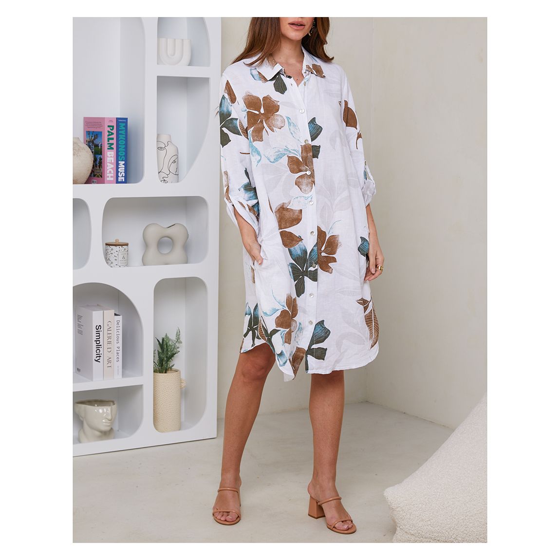 White Printed Shirt Linen Dress main product photo
