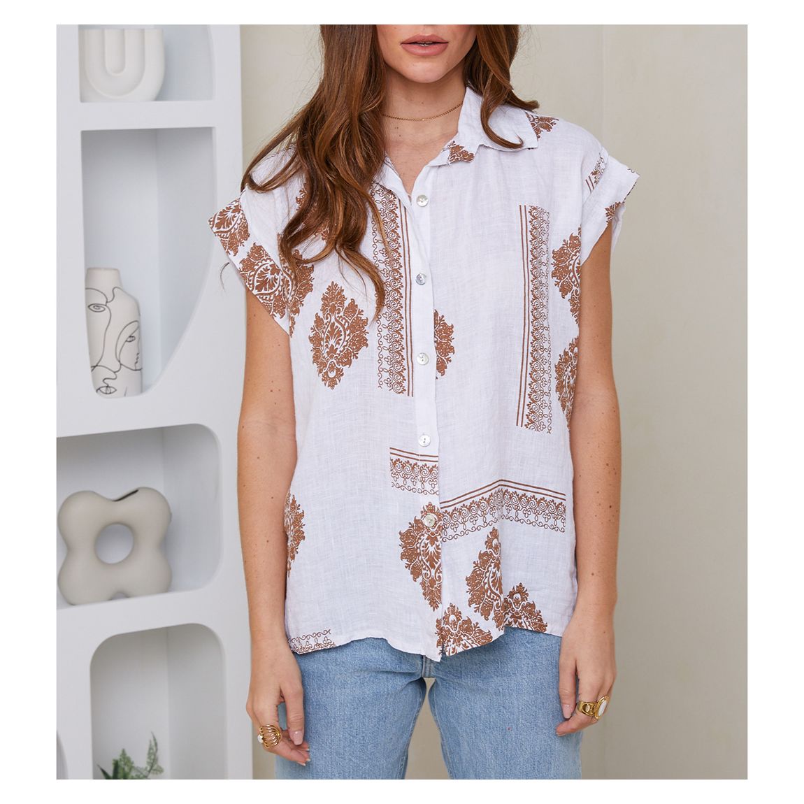 White Printed Linen Top main product photo