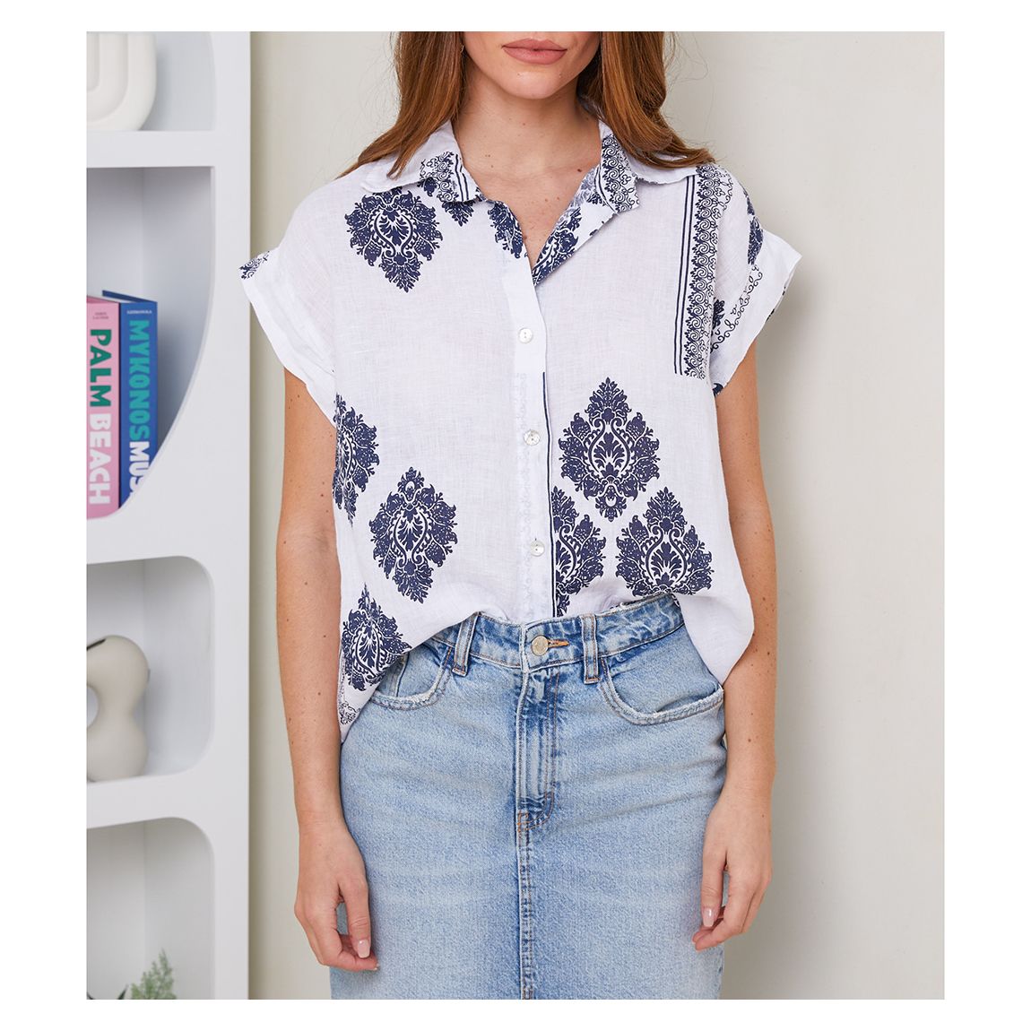 Navy Printed Linen Top main product photo
