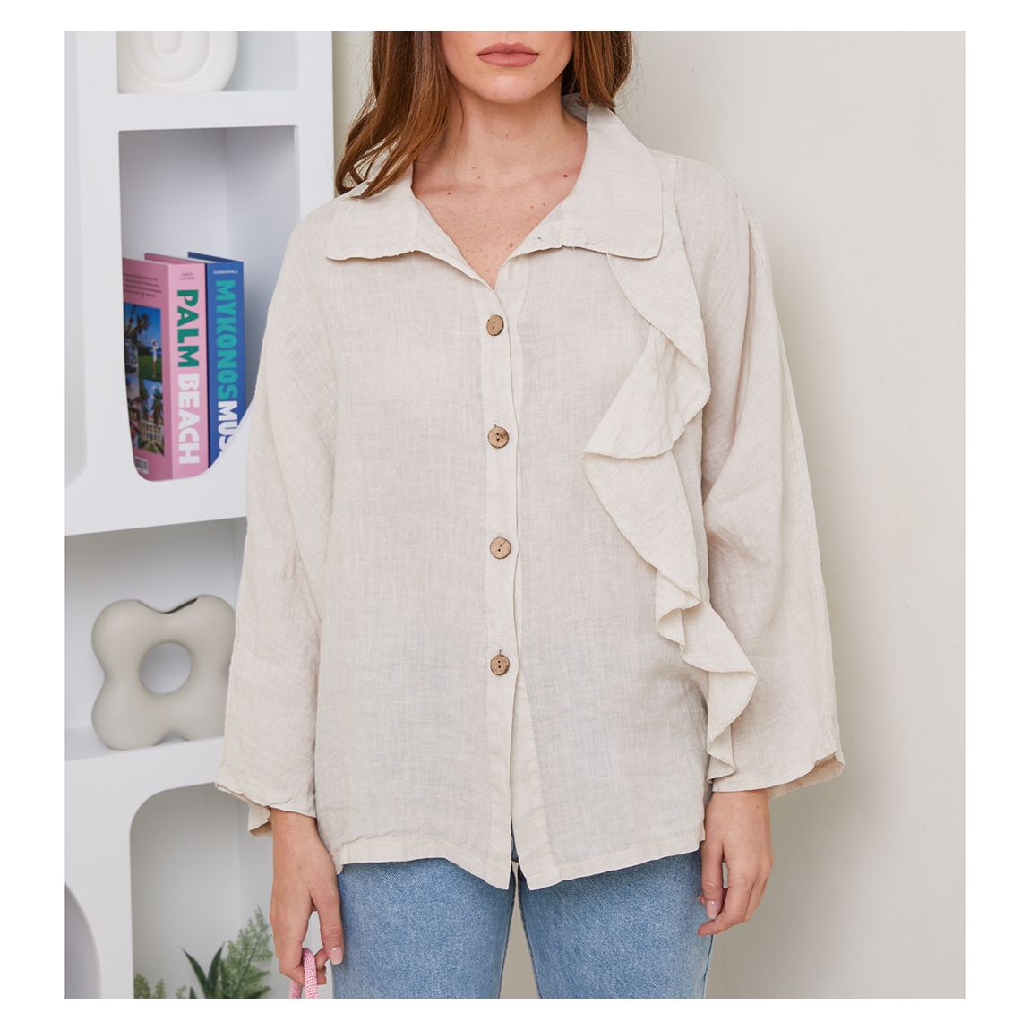 Beige Long Sleeve Linen Top main product photo