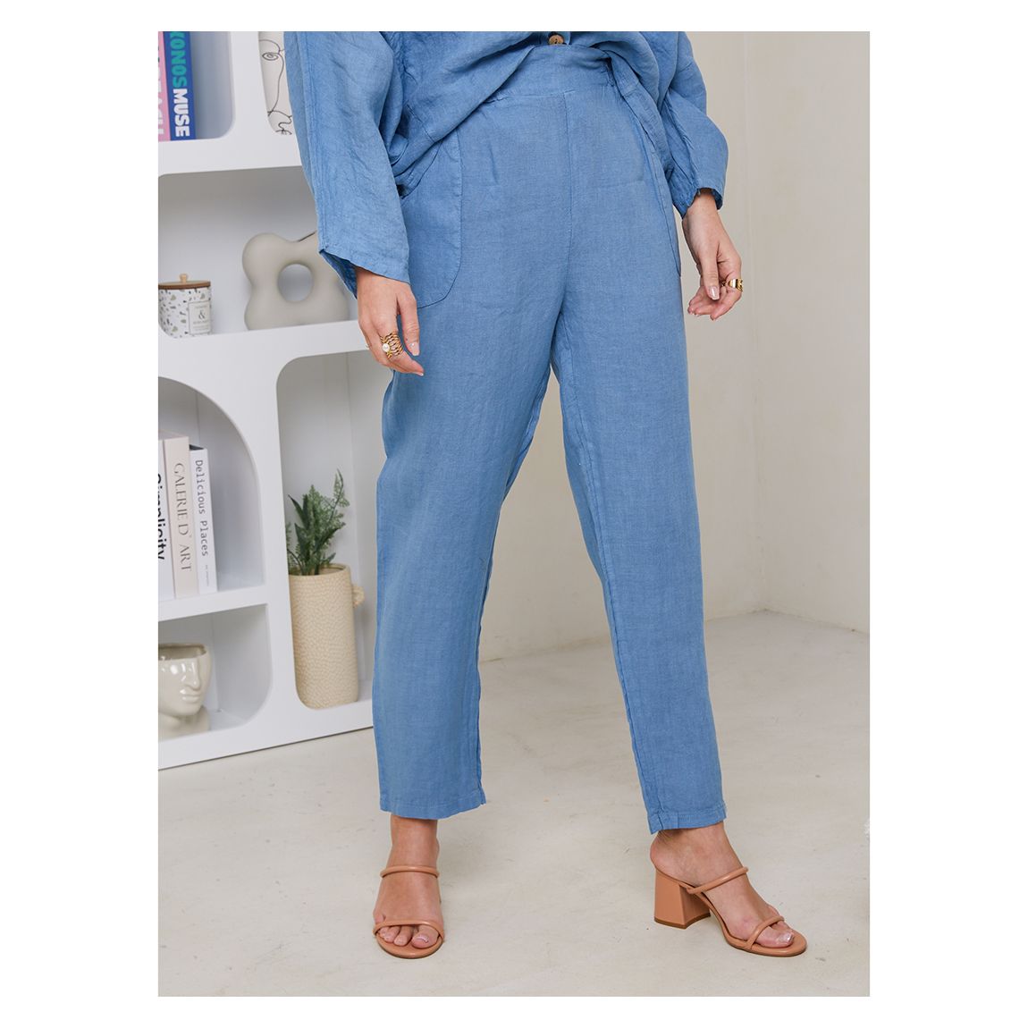 Blue High Waisted Linen Trousers main product photo