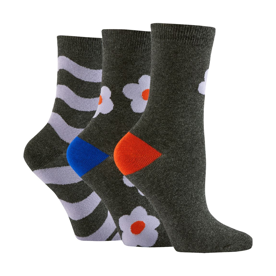 Grey 3pk Stripe and Flower Print Socks main product photo