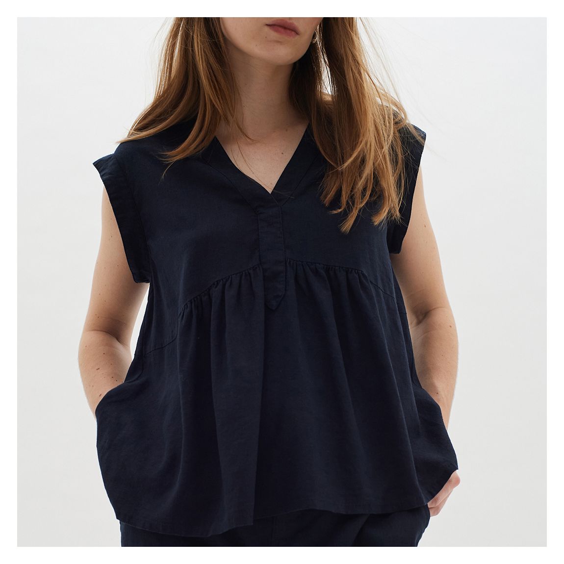 Navy Ellie V-Neck Linen Blend Top main product photo