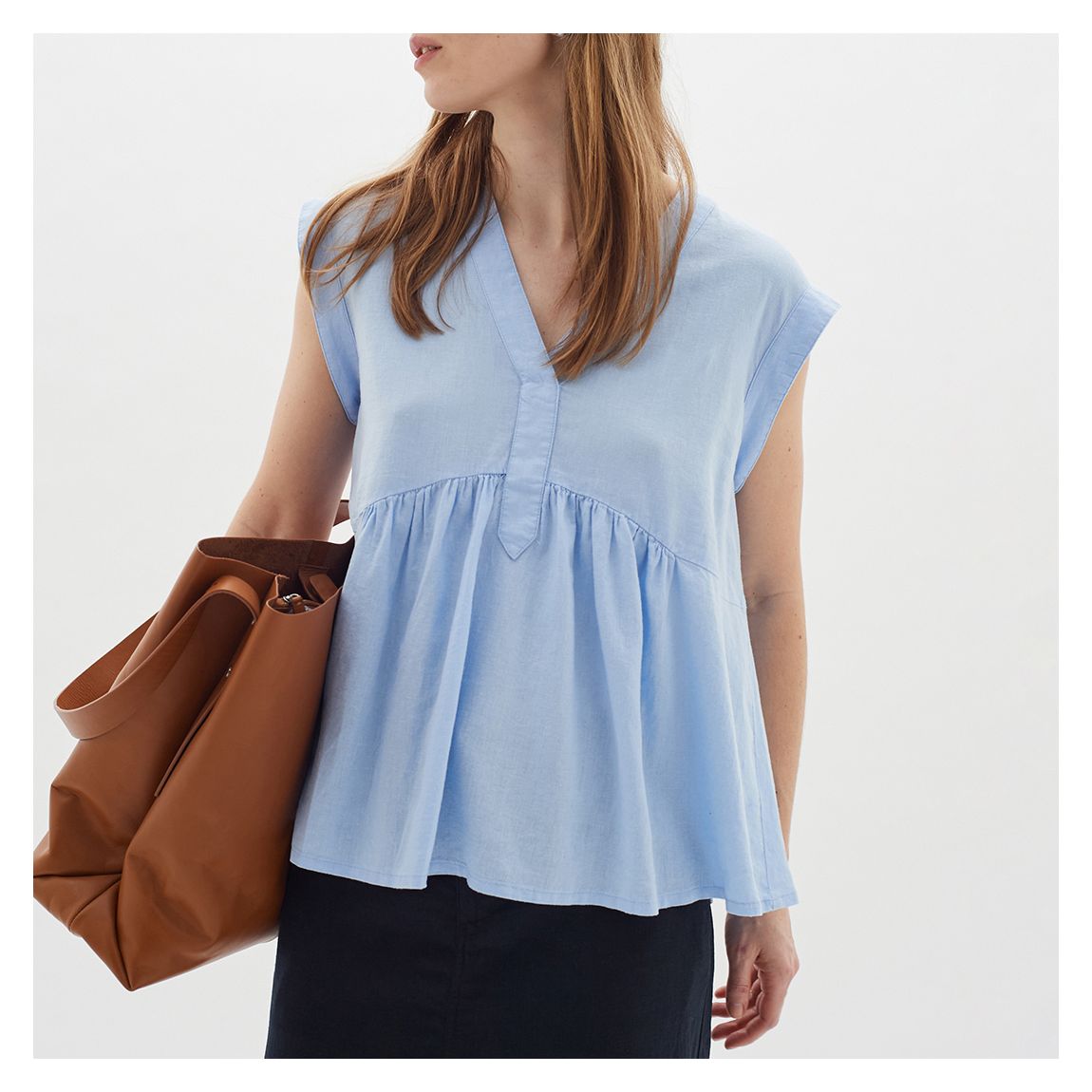 Blue Ellie V-Neck Linen Blend Top main product photo