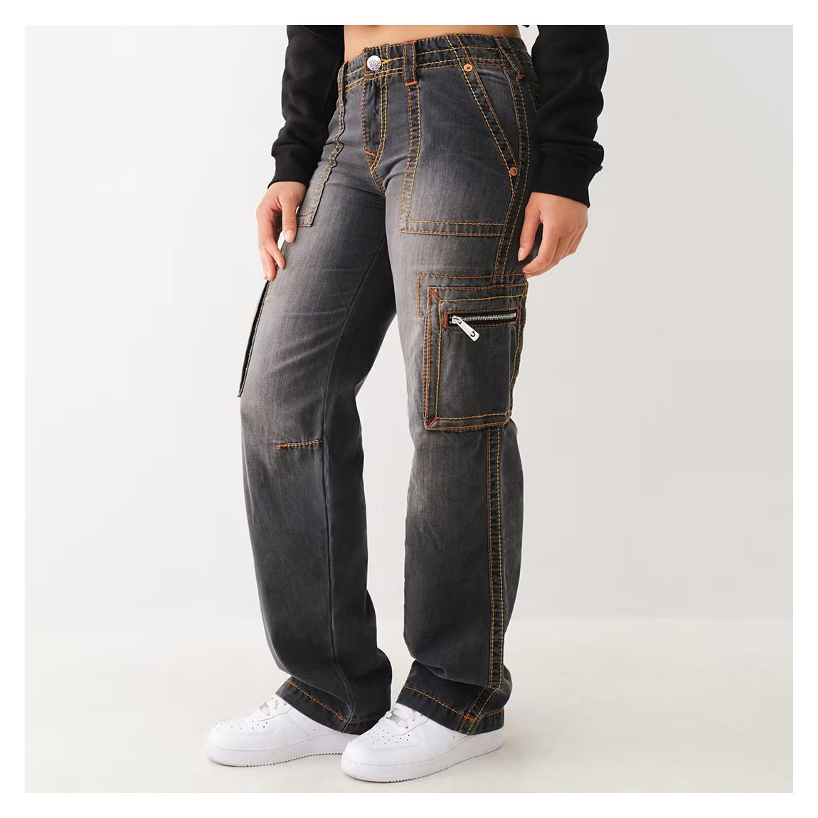 Washed Black Zipper Military Cargo Jeans main product photo