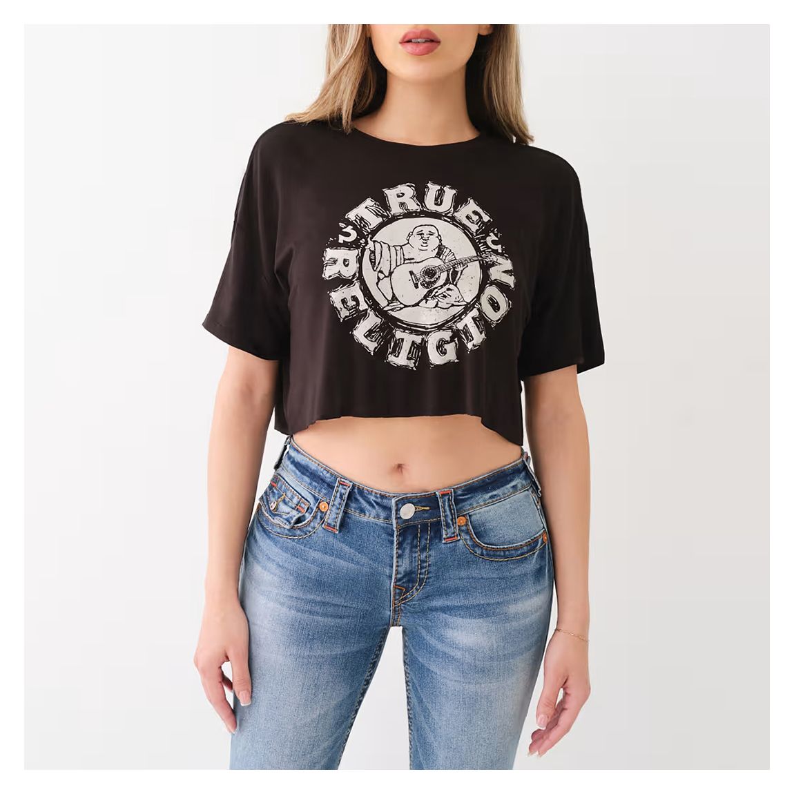 Black Distressed Buddha Crop Top main product photo