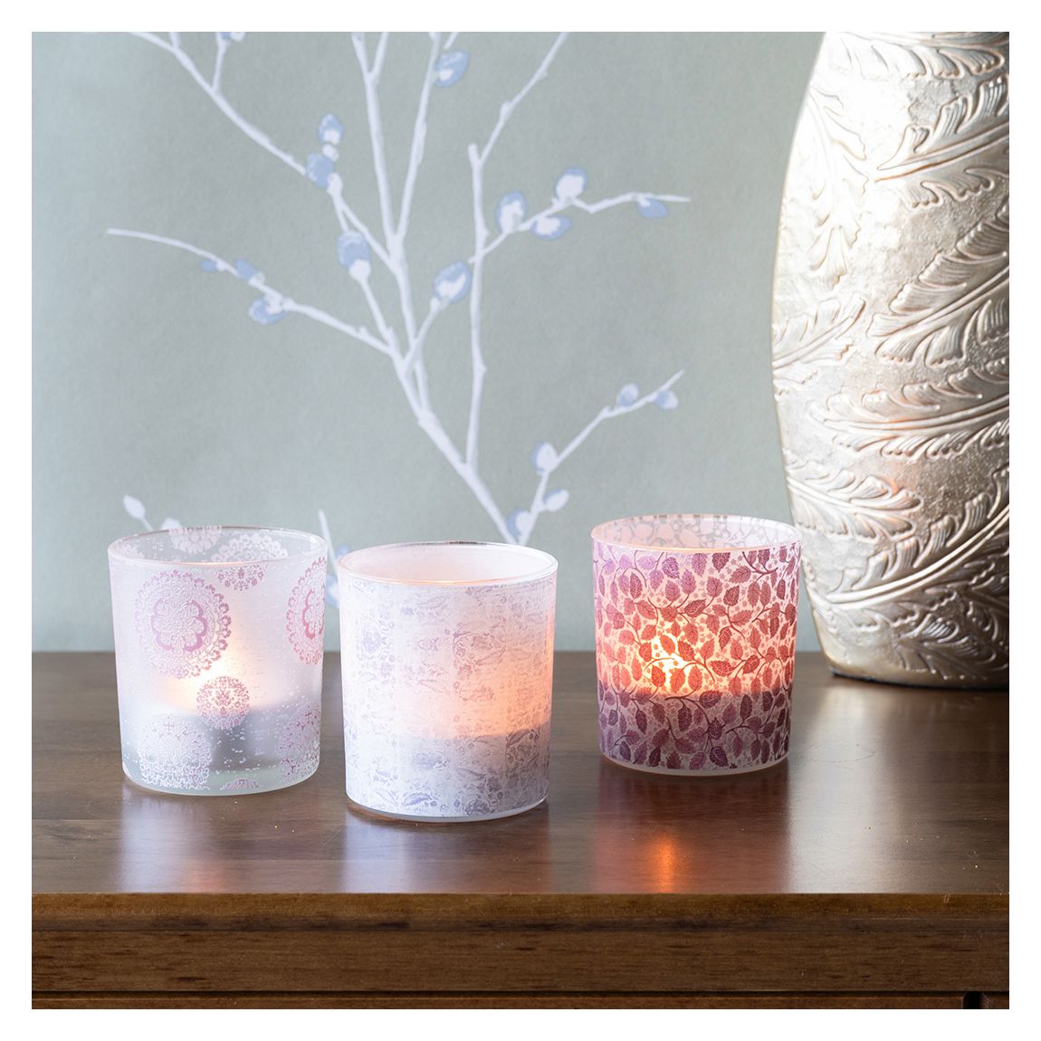 Laura Ashley Set Of 3 Frosted Garner Leaf Mixed Glass Votives main product photo